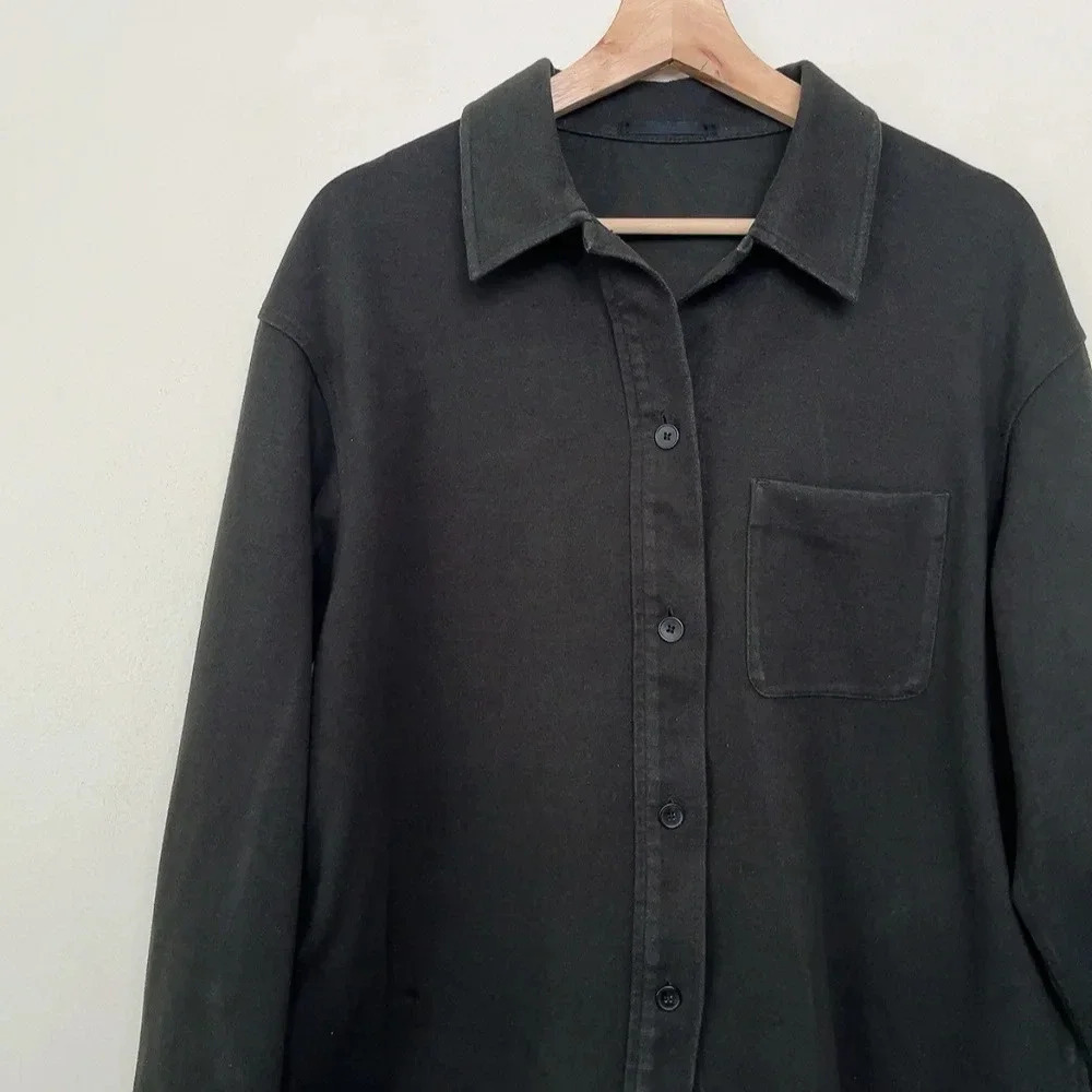 Uniqlo Womens Medium Dark Olive Brush Jersey Button Oversized Shirt - Picture 7 of 15